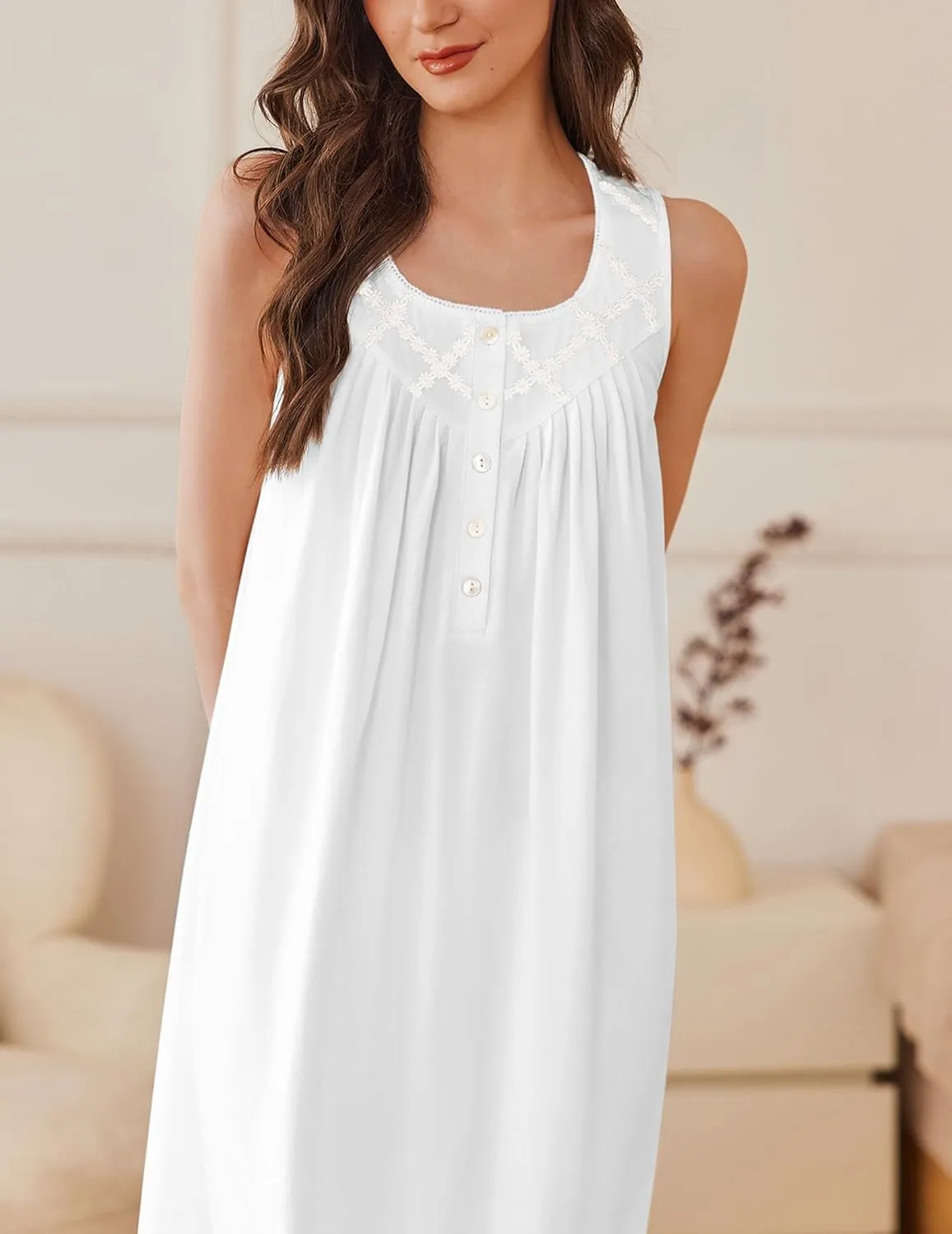 Ekouaer Nightgowns for Women Cotton Long Night Gown Sleeveless Sleep Dress Victorian Nightdress Ladies Sleepwear S-XXXL