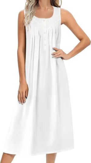 Ekouaer Nightgowns for Women Cotton Long Night Gown Sleeveless Sleep Dress Victorian Nightdress Ladies Sleepwear S-XXXL