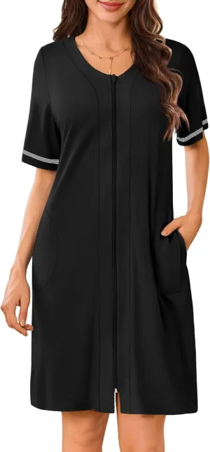 Ekouaer Women Zipper Robes Short Sleeves Housecoat Lightweight Bathrobes Zip Up Robe Casual Nightgown with Pockets S-2XL