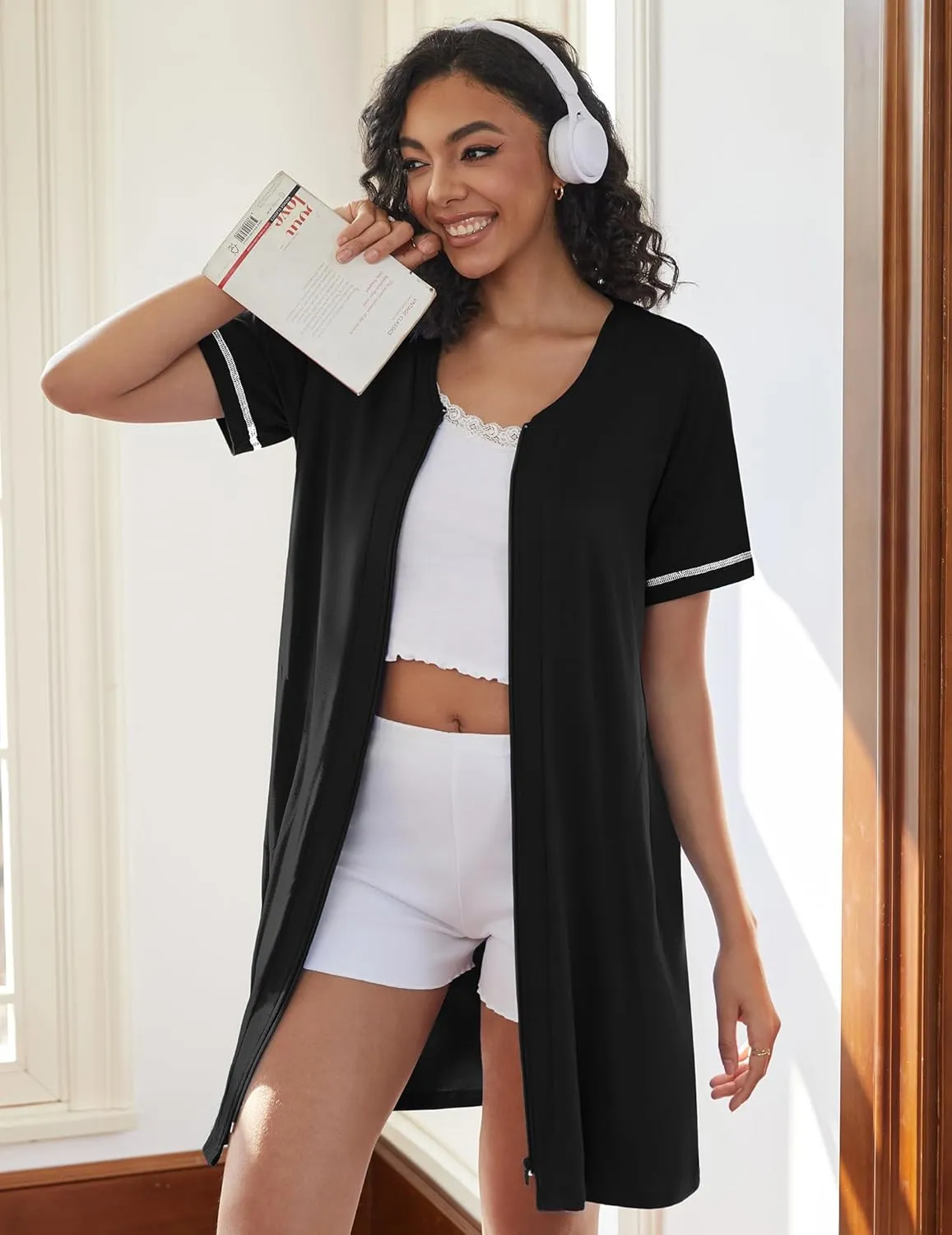 Ekouaer Women Zipper Robes Short Sleeves Housecoat Lightweight Bathrobes Zip Up Robe Casual Nightgown with Pockets S-2XL