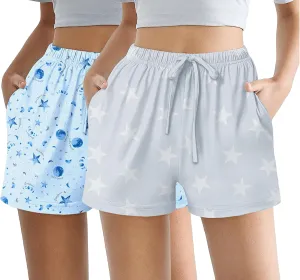 Ekouaer Womens 2 Pack Pajama Shorts Comfy Lounge Bottom Y2k Printed Sleep Short with Pockets Pj Bottoms S-XXL