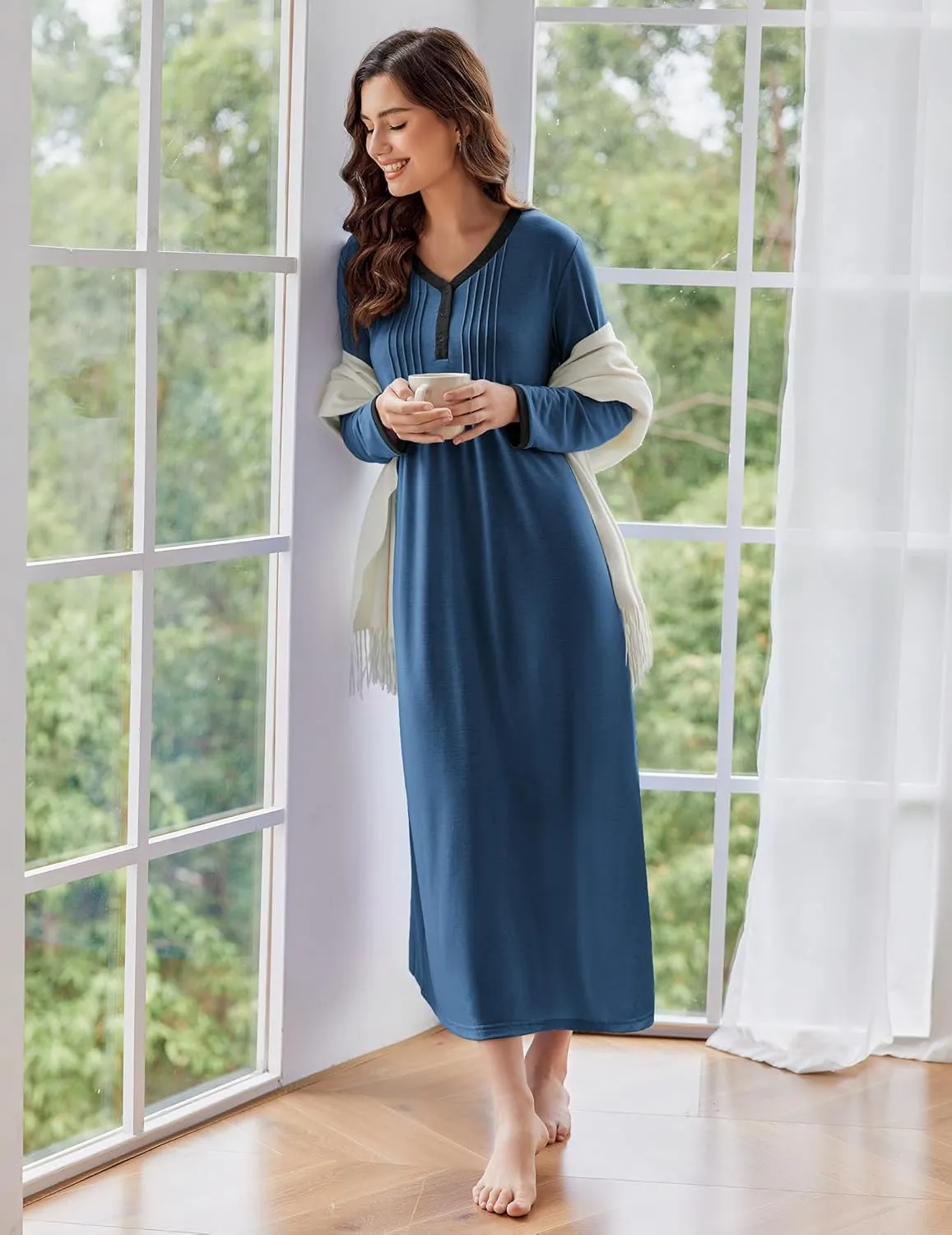 Ekouaer Women's Long Sleeve Nightgown Full Length Sleepwear Long Sleepshirts Henley Sleep Dress S-4XL