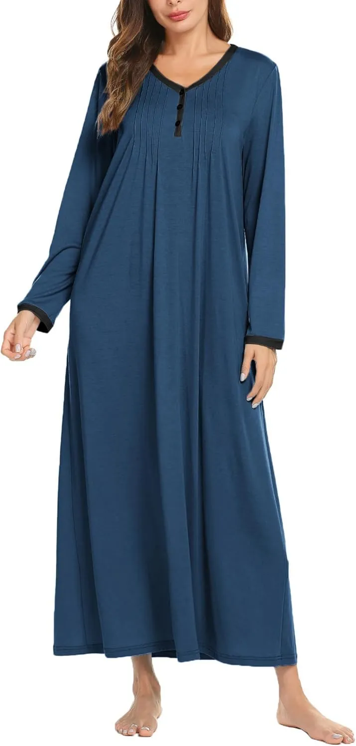 Ekouaer Women's Long Sleeve Nightgown Full Length Sleepwear Long Sleepshirts Henley Sleep Dress S-4XL