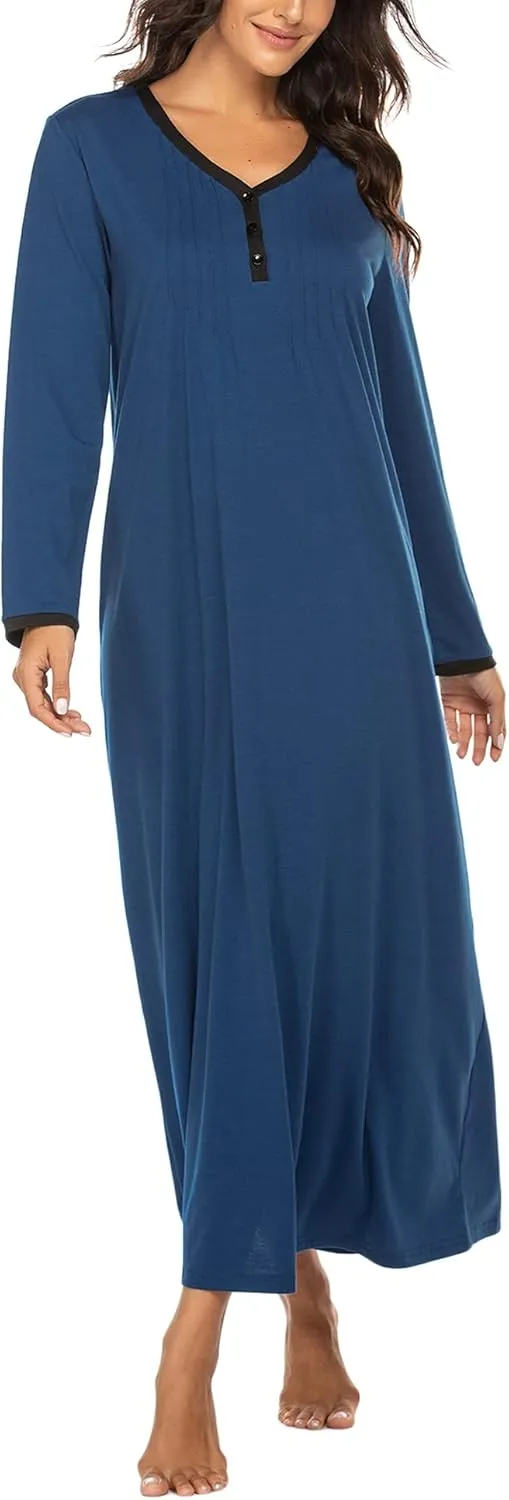 Ekouaer Women's Long Sleeve Nightgown Full Length Sleepwear Long Sleepshirts Henley Sleep Dress S-4XL