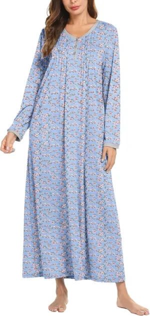 Ekouaer Women's Long Sleeve Nightgown Full Length Sleepwear Long Sleepshirts Henley Sleep Dress S-4XL