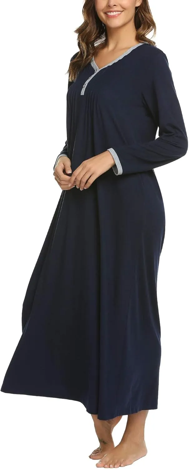 Ekouaer Women's Long Sleeve Nightgown Full Length Sleepwear Long Sleepshirts Henley Sleep Dress S-4XL