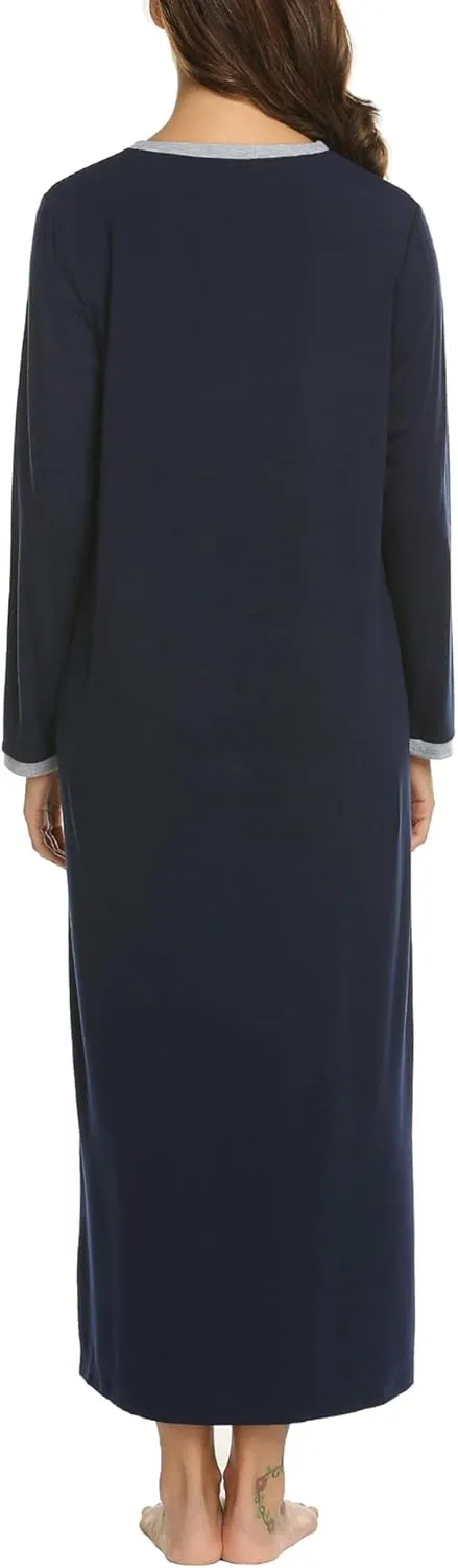 Ekouaer Women's Long Sleeve Nightgown Full Length Sleepwear Long Sleepshirts Henley Sleep Dress S-4XL