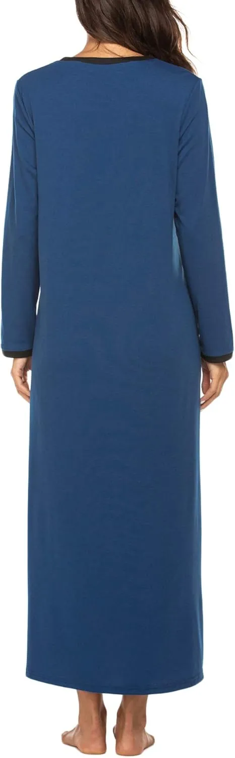 Ekouaer Women's Long Sleeve Nightgown Full Length Sleepwear Long Sleepshirts Henley Sleep Dress S-4XL