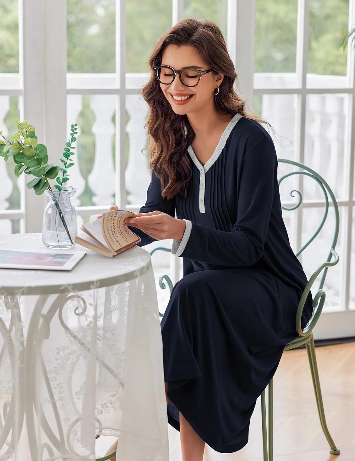 Ekouaer Women's Long Sleeve Nightgown Full Length Sleepwear Long Sleepshirts Henley Sleep Dress S-4XL