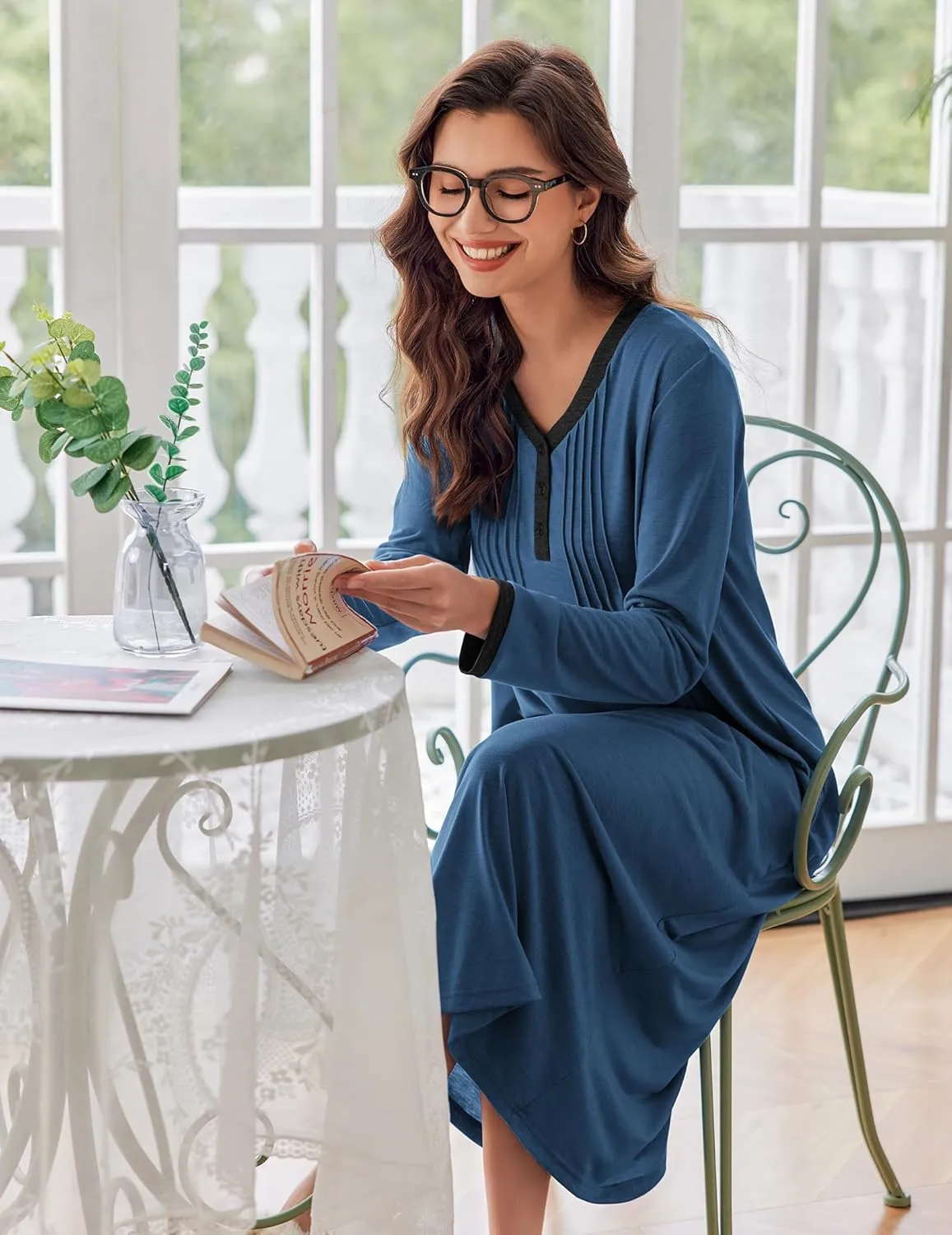 Ekouaer Women's Long Sleeve Nightgown Full Length Sleepwear Long Sleepshirts Henley Sleep Dress S-4XL