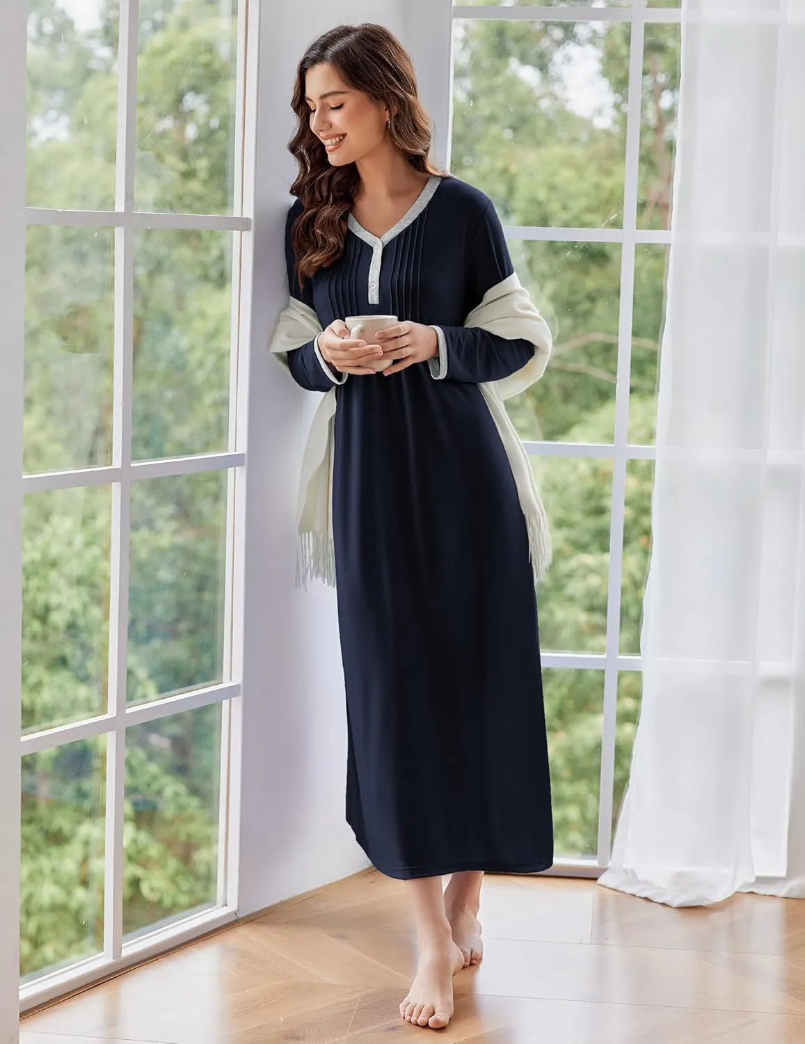 Ekouaer Women's Long Sleeve Nightgown Full Length Sleepwear Long Sleepshirts Henley Sleep Dress S-4XL