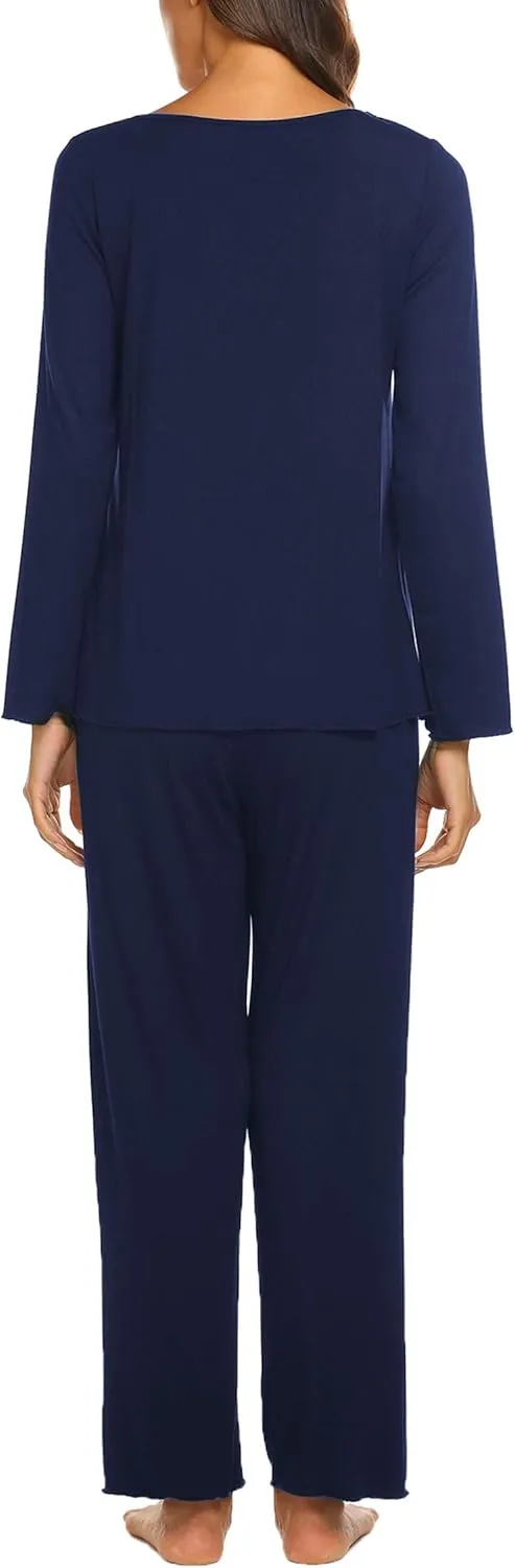 Ekouaer Womens Pajama Sets V Neck Loungewear Long Sleeve Pj Sets 2 Piece Lounge Sets for Women Soft Sleepwear for All Seasons
