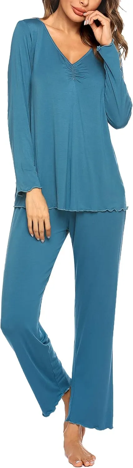 Ekouaer Womens Pajama Sets V Neck Loungewear Long Sleeve Pj Sets 2 Piece Lounge Sets for Women Soft Sleepwear for All Seasons