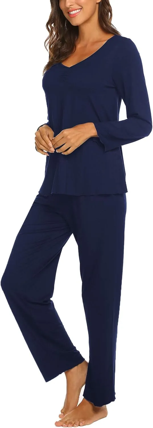 Ekouaer Womens Pajama Sets V Neck Loungewear Long Sleeve Pj Sets 2 Piece Lounge Sets for Women Soft Sleepwear for All Seasons