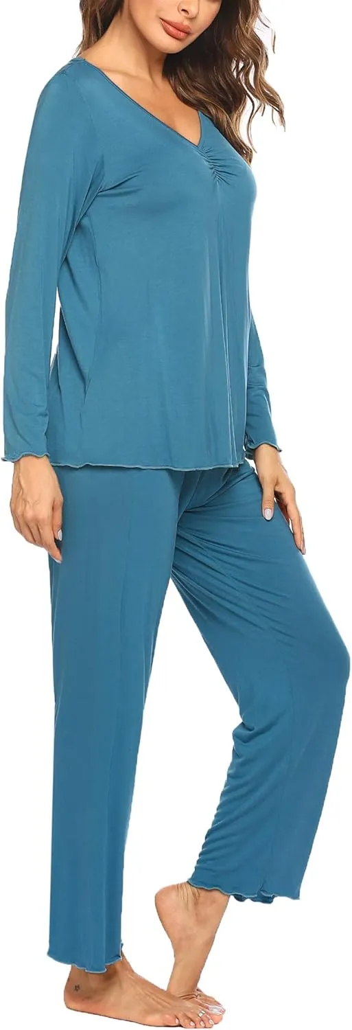 Ekouaer Womens Pajama Sets V Neck Loungewear Long Sleeve Pj Sets 2 Piece Lounge Sets for Women Soft Sleepwear for All Seasons