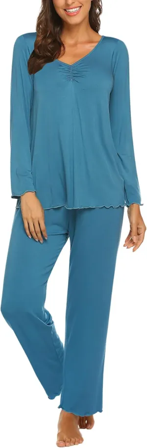 Ekouaer Womens Pajama Sets V Neck Loungewear Long Sleeve Pj Sets 2 Piece Lounge Sets for Women Soft Sleepwear for All Seasons