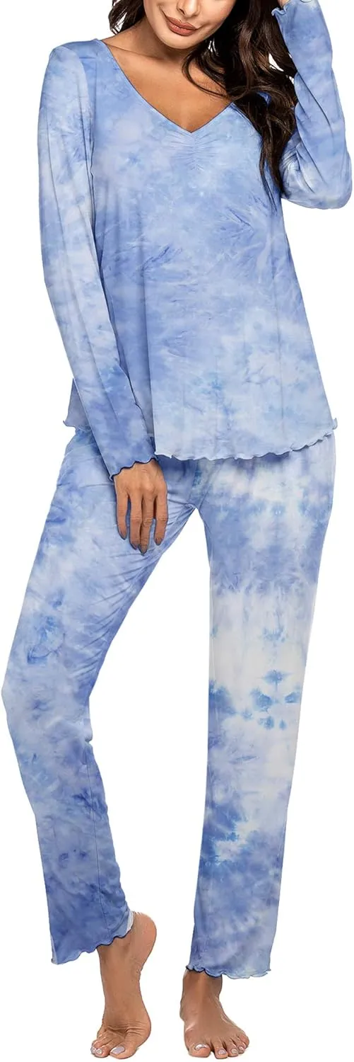 Ekouaer Womens Pajama Sets V Neck Loungewear Long Sleeve Pj Sets 2 Piece Lounge Sets for Women Soft Sleepwear for All Seasons