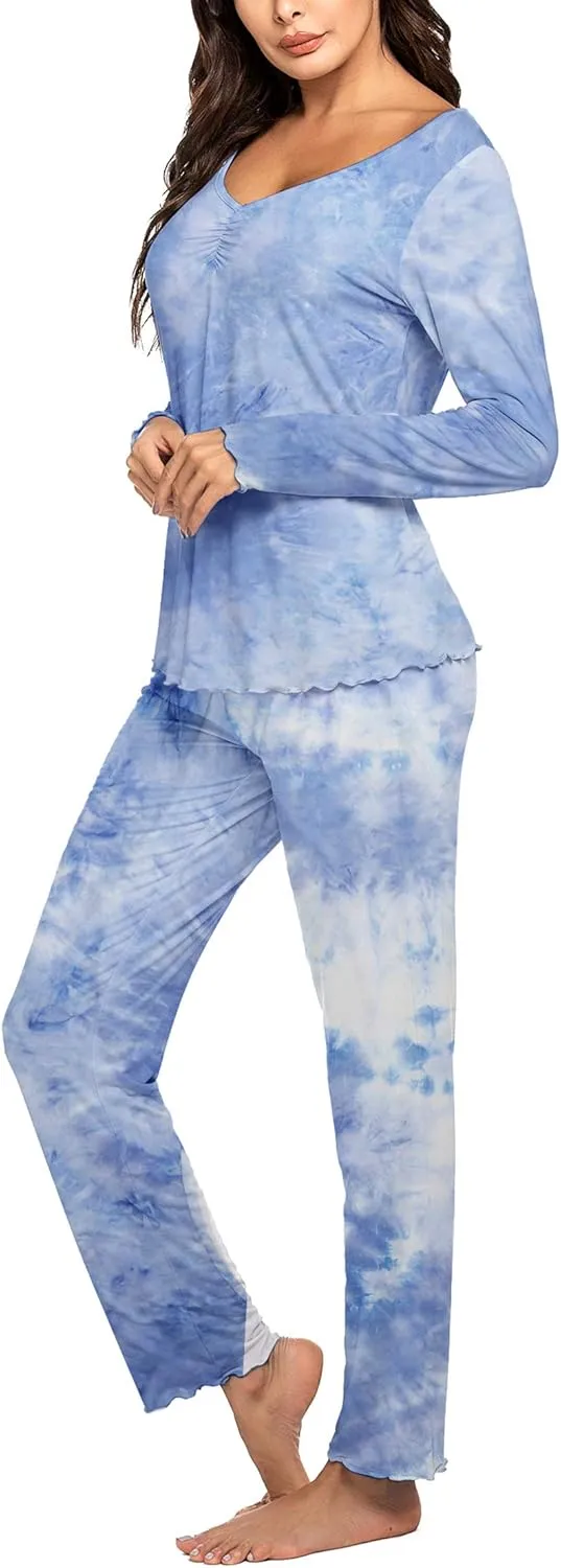 Ekouaer Womens Pajama Sets V Neck Loungewear Long Sleeve Pj Sets 2 Piece Lounge Sets for Women Soft Sleepwear for All Seasons