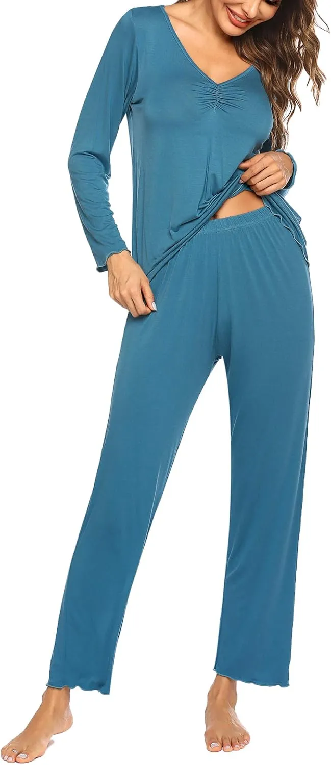 Ekouaer Womens Pajama Sets V Neck Loungewear Long Sleeve Pj Sets 2 Piece Lounge Sets for Women Soft Sleepwear for All Seasons