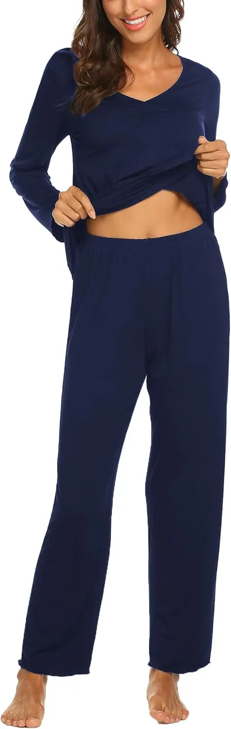 Ekouaer Womens Pajama Sets V Neck Loungewear Long Sleeve Pj Sets 2 Piece Lounge Sets for Women Soft Sleepwear for All Seasons
