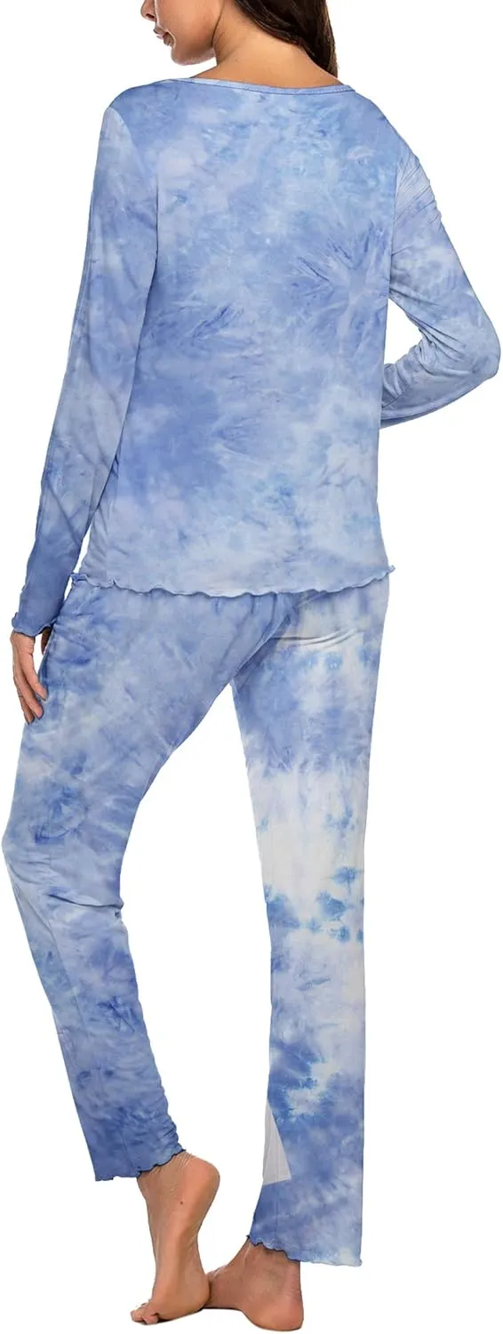 Ekouaer Womens Pajama Sets V Neck Loungewear Long Sleeve Pj Sets 2 Piece Lounge Sets for Women Soft Sleepwear for All Seasons