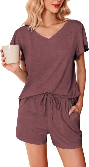 Ekouaer Women's Pajamas Set Ruffle Sleeves Sleepwear V Neck Comfy 2 Piece Pjs Loungewear Set with Pockets S-XXL