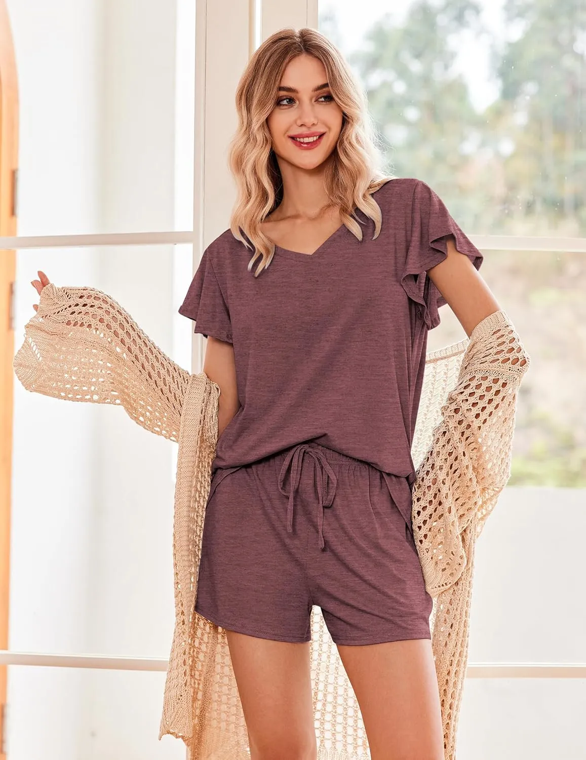 Ekouaer Women's Pajamas Set Ruffle Sleeves Sleepwear V Neck Comfy 2 Piece Pjs Loungewear Set with Pockets S-XXL