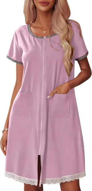 Ekouaer Womens Zipper Front Housecoats Short Sleeve Bathrobes Lace Trim Nightgown with Pockets