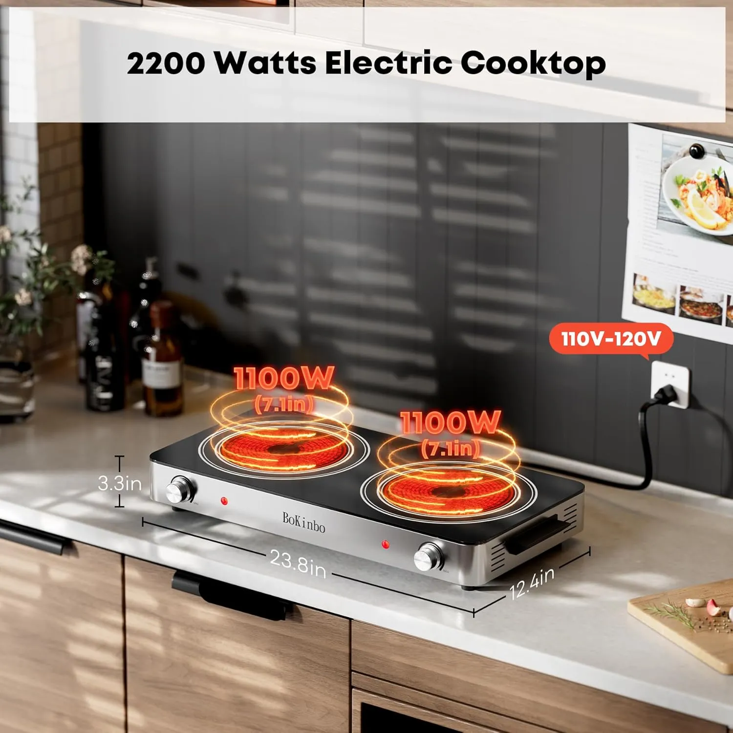 Electric Cooktop, Dual 2200 Watts Infrared Burner, 2 Burner Electric Hot Plate for Cooking, Knob Control Countertop & Built-in Ceramic Cooktop, Overheat Protection Cooktop for Dorm, Kitchen