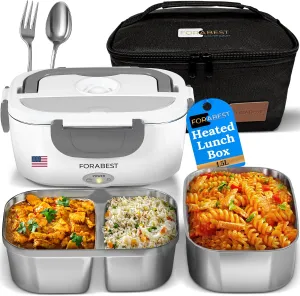 Electric Lunch Box for Adults – 80W Fast-Heated Lunch Box, 1.5L Portable Food Warmer with 2 Stainless Steel Trays – 12/24V for Car/Truck, 110/220V for Office/Travel – Lonchera Eléctrica Portátil