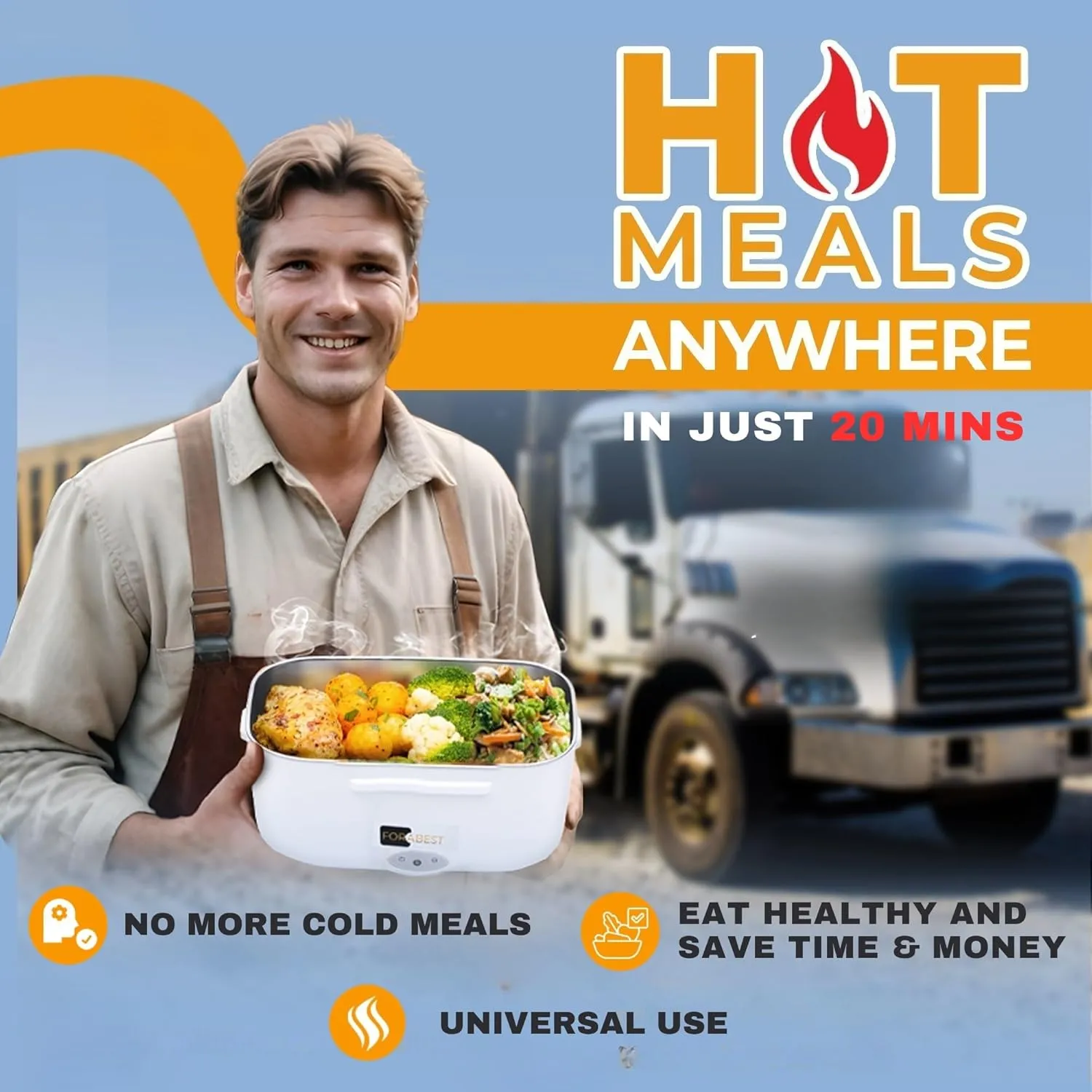 Electric Lunch Box for Adults – 80W Fast-Heated Lunch Box, 1.5L Portable Food Warmer with 2 Stainless Steel Trays – 12/24V for Car/Truck, 110/220V for Office/Travel – Lonchera Eléctrica Portátil