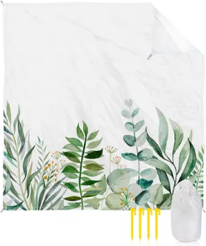 Eucalyptus Leaves Beach Blanket Oversized with Stakes Waterproof Sandproof Beach Mat with Corner Pockets for Outdoor Travel Camping Hiking Picnic,Watercolor Floral Botanical Aesthetic Plant 118"x108"