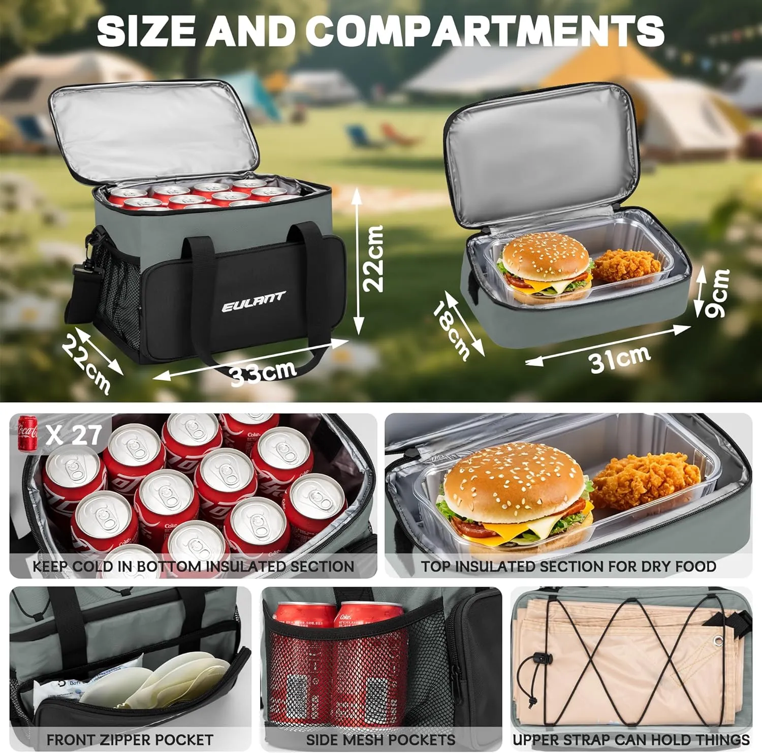 EULANT Large Waterproof Cooler Bag with Removable Lunch Bag,27 Can Collapsible Insulated Ice Chest Leak-Proof Cooler Bag for Men & Women Work Outdoor Beach Trips