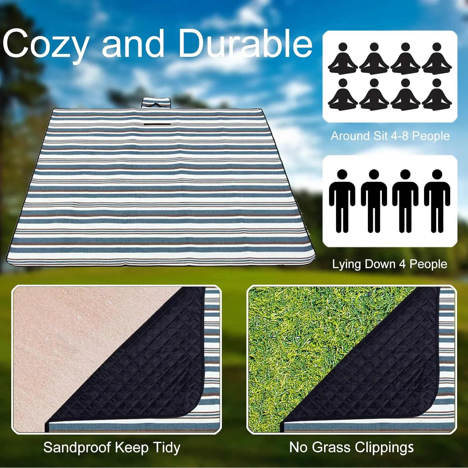 Extra Large Picnic Blankets, 80''X80'' Handy Sandproof Beach Mat, Portable Waterproof Outdoor Blankets for Spring Summer Park Travel, Hiking, Stadium Blanket Fit 4-8 Adults (Blue)