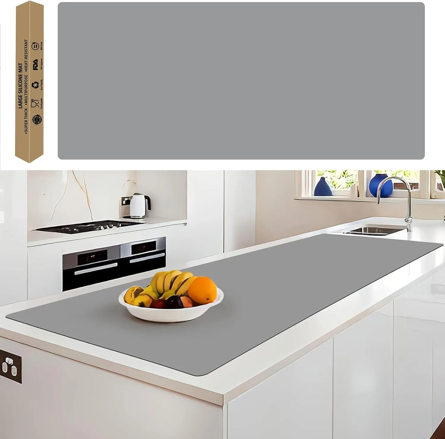 Extra Large Silicone Mat, 78.7”x 23.6”Non-Slip Heat Resistant Mats, Thicken Kitchen Countertop Protector Mat, Cuttable Waterproof Protector Mat for Kitchen Counter or Crafts (Light Grey)