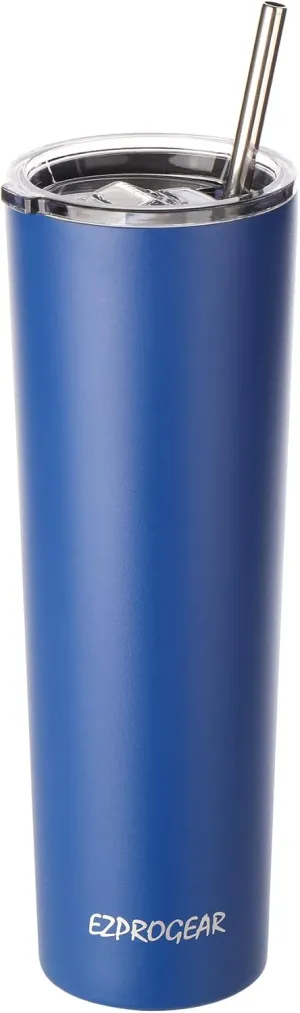 Ezprogear 34 oz Stainless Steel Slim Skinny Tumbler Vacuum Insulated Blue Sapphire Water Mug with Straw (34 oz, Sapphire)