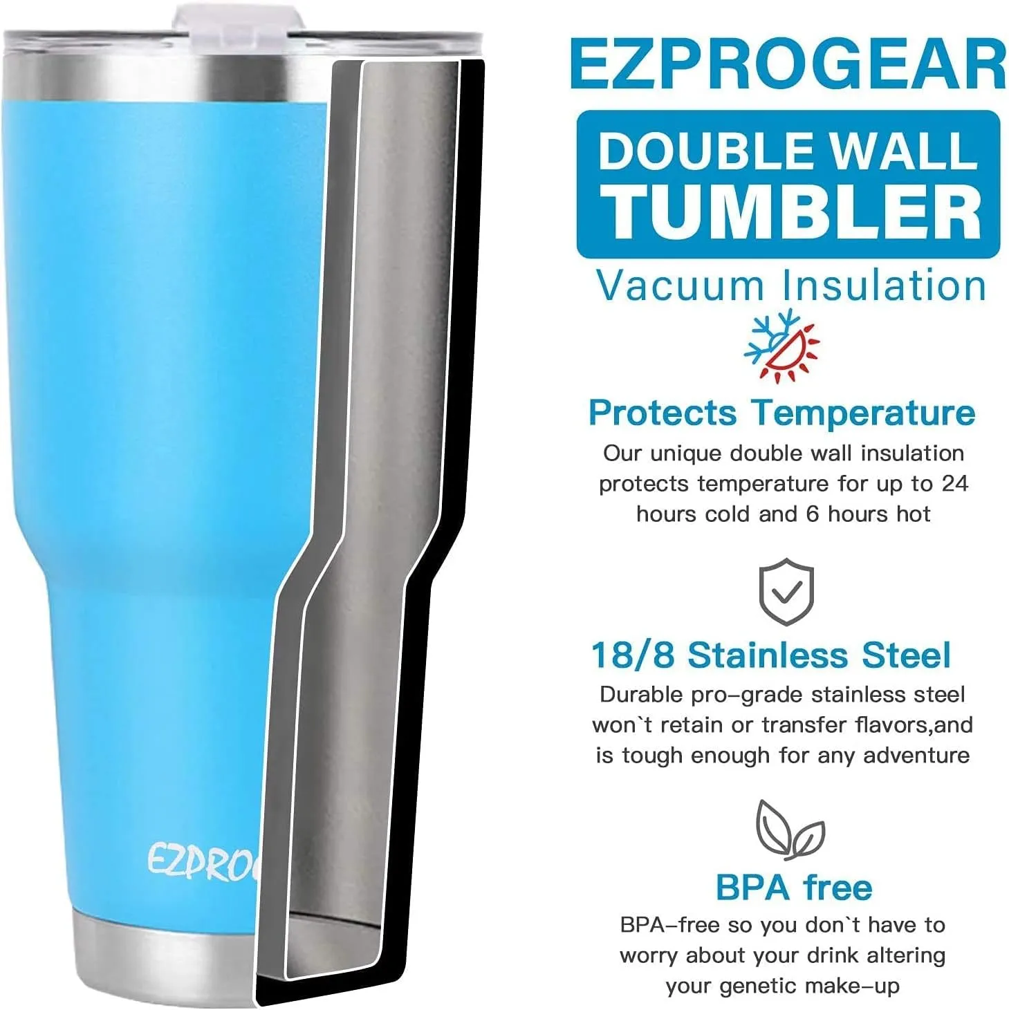 Ezprogear 40 oz Stainless Steel Tumbler Double Wall Insulated Coffee Mug with Tumbler Handle, Lid (Blue)