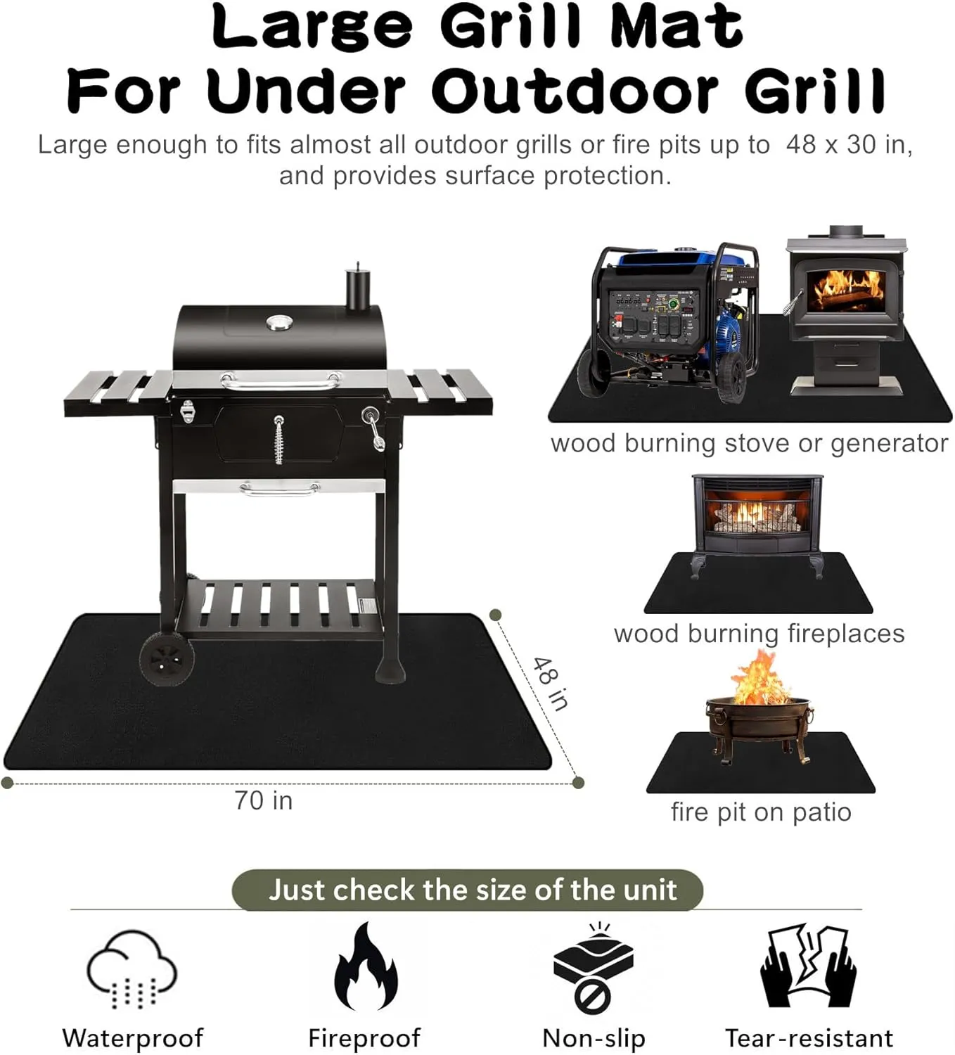Falezern Large 70 X 48 Inches Under Grill Mat for Outdoor Grill Deck Protector, Double-Sided Fireproof Mat for Under Fire Pit, Waterproof, Oil-Proof and Non-Slip BBQ Grill Floor Mat