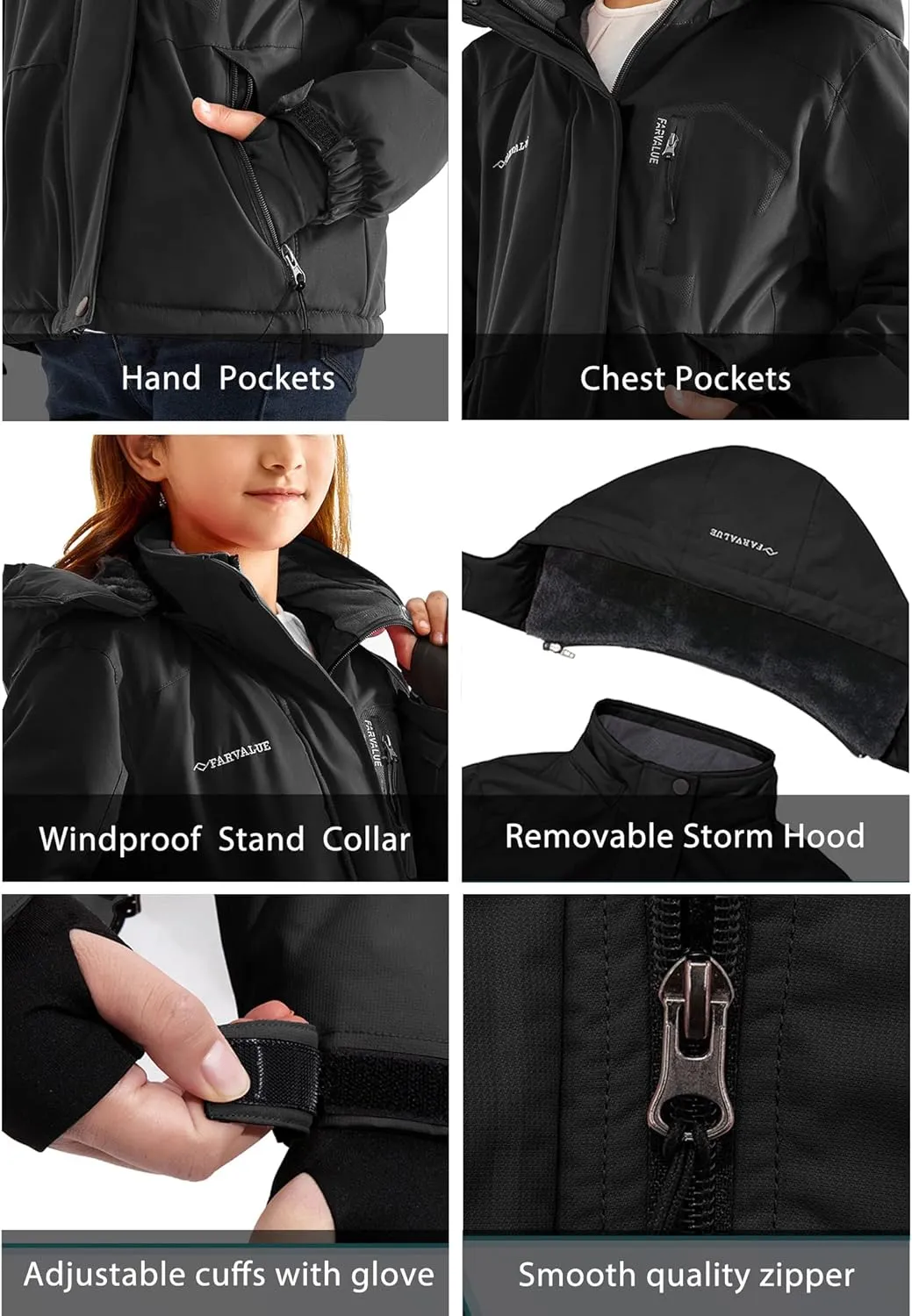 FARVALUE Girls Waterproof Skiing Jacket Windproof Winter Coat Warm Snow Coat with Removable Hood