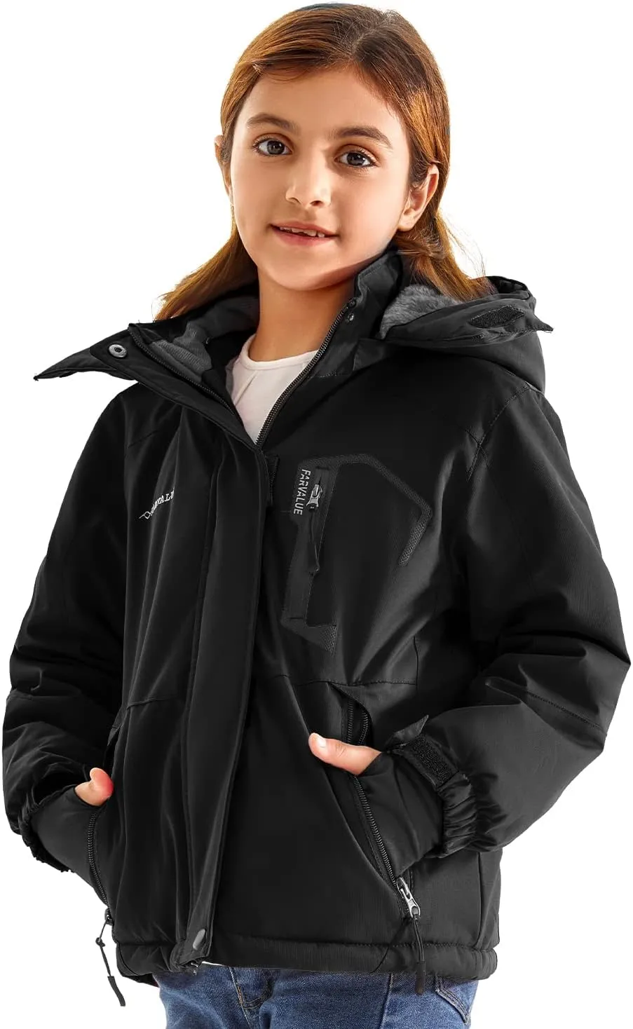 FARVALUE Girls Waterproof Skiing Jacket Windproof Winter Coat Warm Snow Coat with Removable Hood