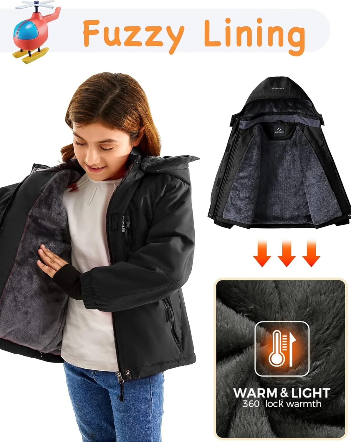 FARVALUE Girls Waterproof Skiing Jacket Windproof Winter Coat Warm Snow Coat with Removable Hood