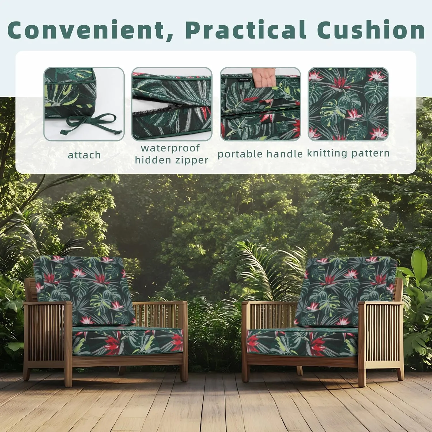 Favoyard Deep Seat Patio Cushion 22 x 22 x 3 in Waterproof Seat & Back Cushion Set with Color Fade Resisitant Pattern, Portable Handle, Attach Straps, Zipper on Removable Cover for Outdoor Furniture