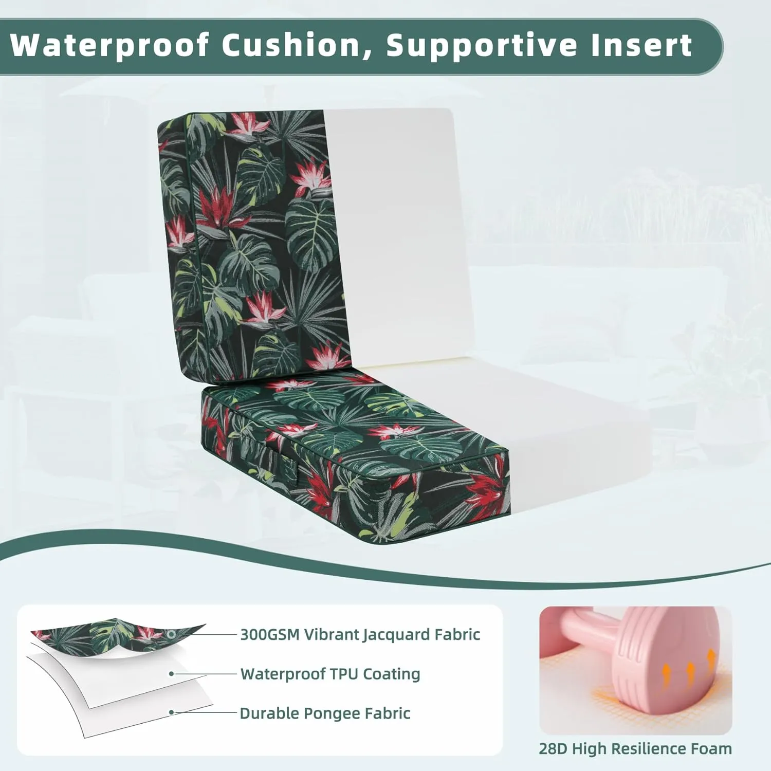 Favoyard Deep Seat Patio Cushion 22 x 22 x 3 in Waterproof Seat & Back Cushion Set with Color Fade Resisitant Pattern, Portable Handle, Attach Straps, Zipper on Removable Cover for Outdoor Furniture