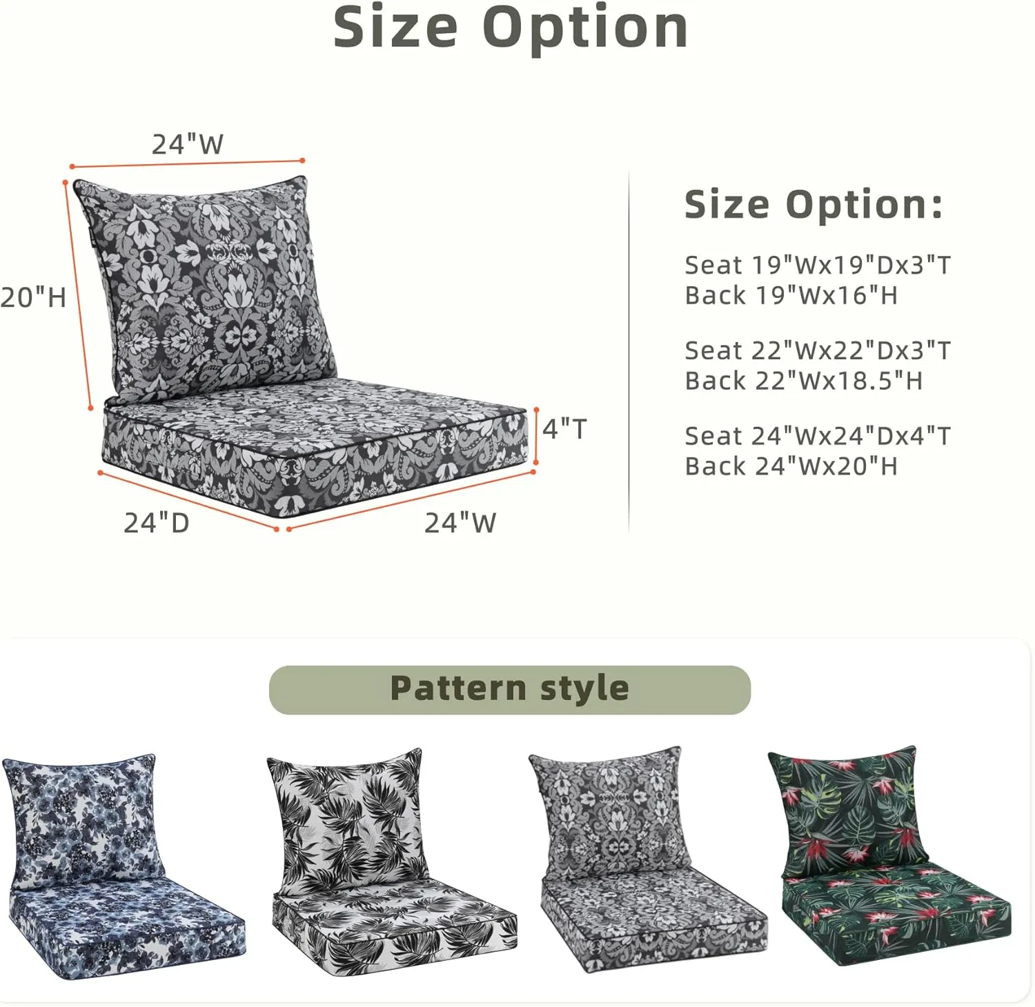 Favoyard Outdoor Seat Cushion 24 x 24 x 4 in Waterproof Pattern Fade Resistant Cover Removable Patio Furniture Cushions Deep Seat & Back Cushion Set with Adjustable Straps for Patio Chair Sofa Couch