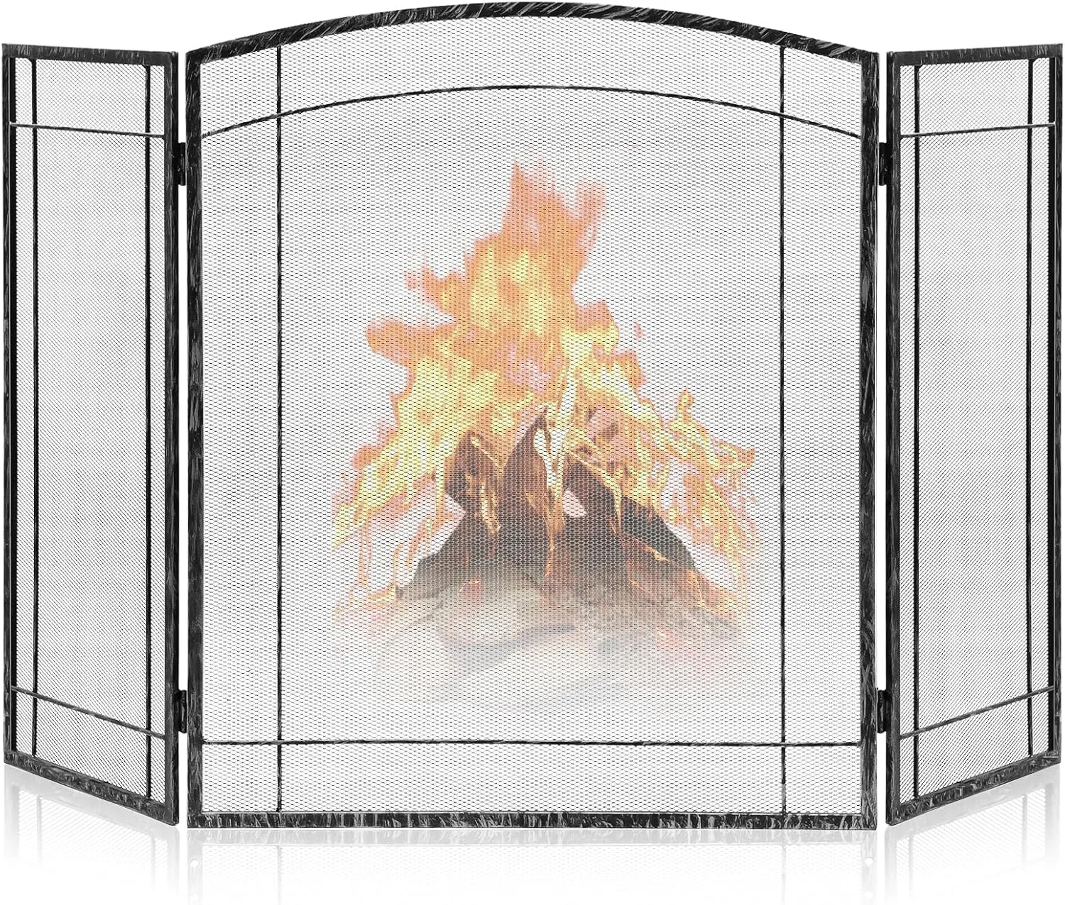 FEED GARDEN 3 Panel Fireplace Screen 48" W x 29" H Modern Foldable with Wrought Metal Decorative Mesh,Arch Heavy Duty Fire Spark Guard Cover for Home Decor Indoor, Silver