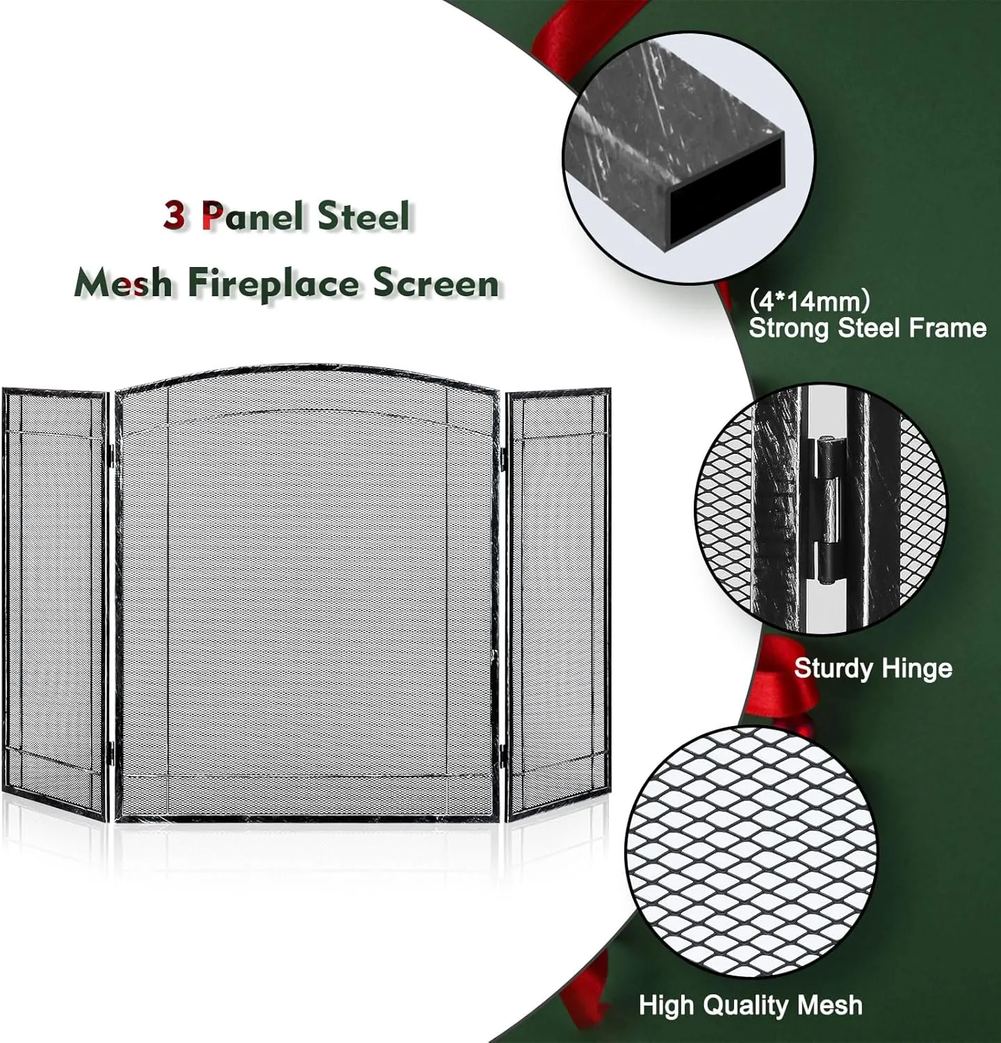 FEED GARDEN 3 Panel Fireplace Screen 48" W x 29" H Modern Foldable with Wrought Metal Decorative Mesh,Arch Heavy Duty Fire Spark Guard Cover for Home Decor Indoor, Silver