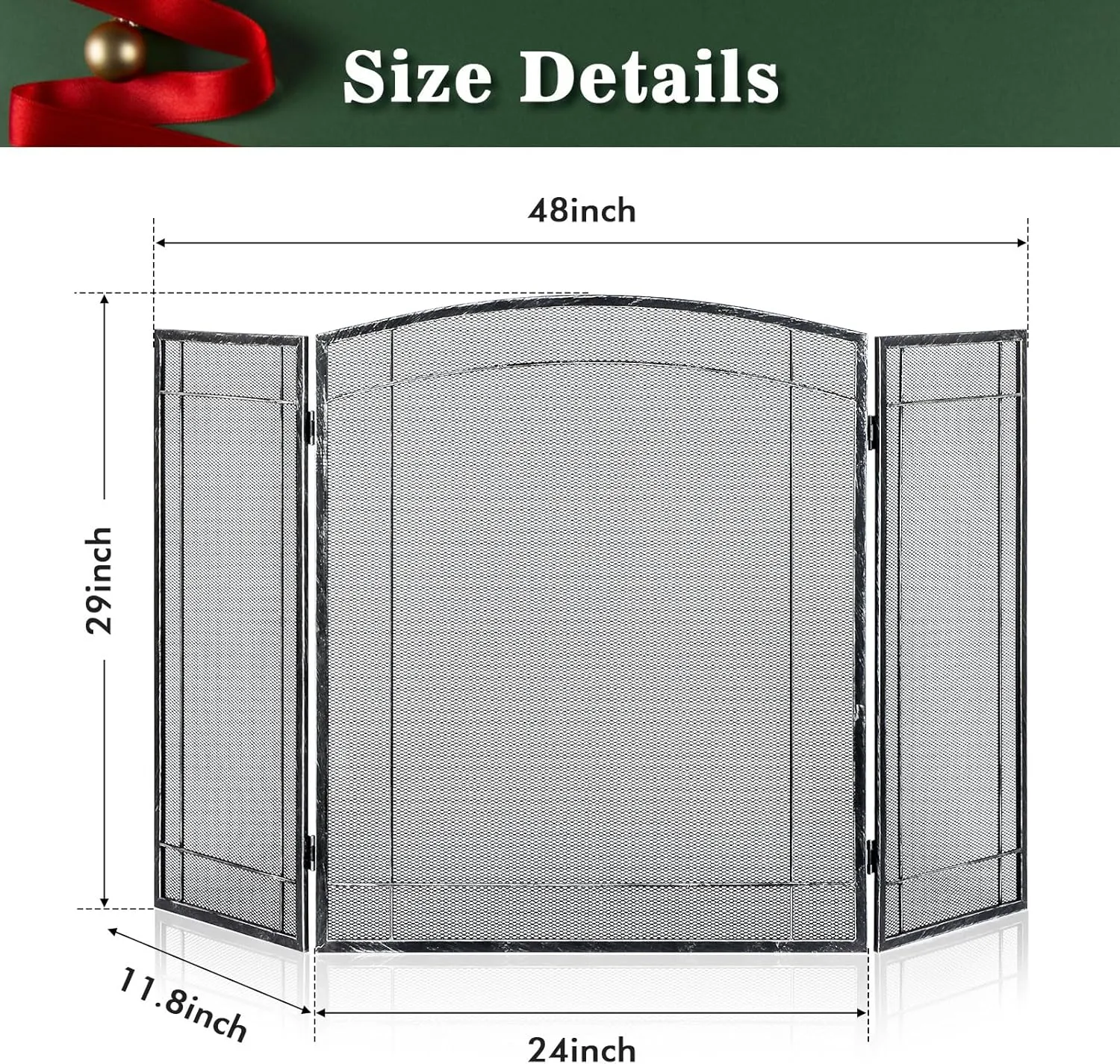 FEED GARDEN 3 Panel Fireplace Screen 48" W x 29" H Modern Foldable with Wrought Metal Decorative Mesh,Arch Heavy Duty Fire Spark Guard Cover for Home Decor Indoor, Silver