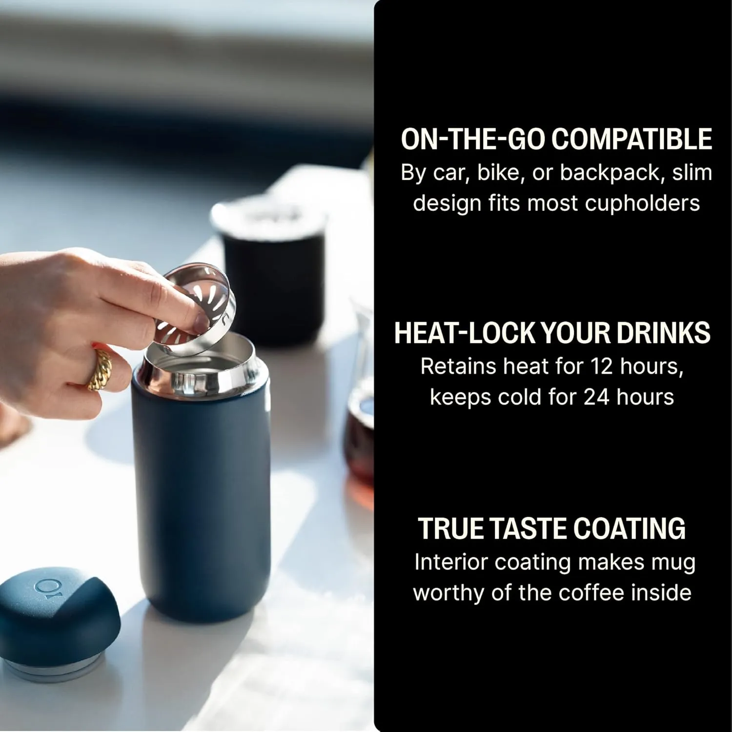 Fellow 16 oz Carter Move Travel Mug - Vacuum-Insulated Stainless Steel Travel Coffee Mug - Coffee Tumbler with Ceramic Interior and Splash Guard - Stone Blue