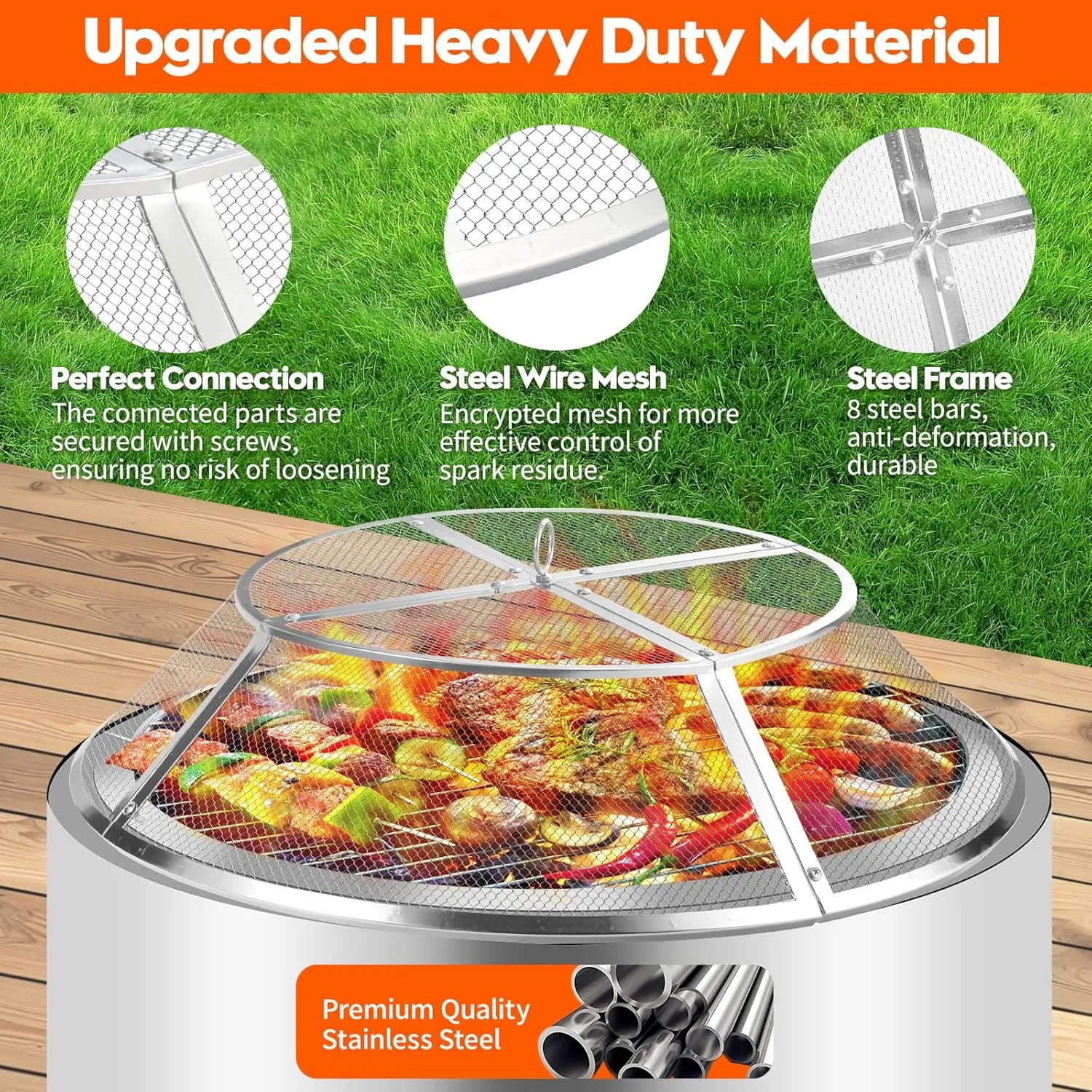 Fire Pit Spark Screen for Solo Stove Bonfire, 19.5 Inch Bonfire Shield 304 Stainless Steel Detachable Mesh Fire Pit Spark Protector with Grill Function and Removal Tools