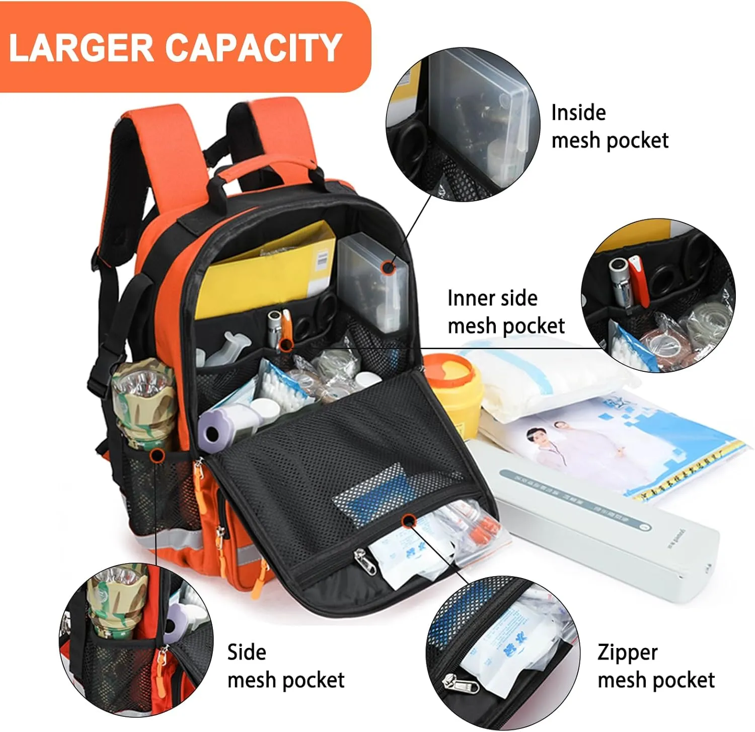 First Responder Bag Medical Backpack Empty,Trauma Backpack with Reflective,Medical Emergency Kits for Outdoor Travel Camping,Bag Only(Orange)